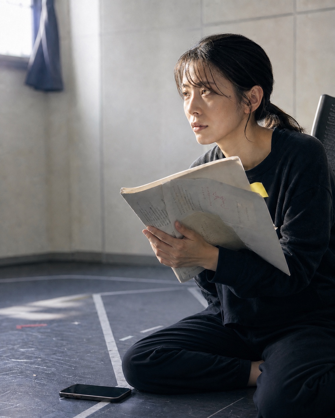 稽古場で台本とスマートフォンを使い、一人でセリフを練習する俳優